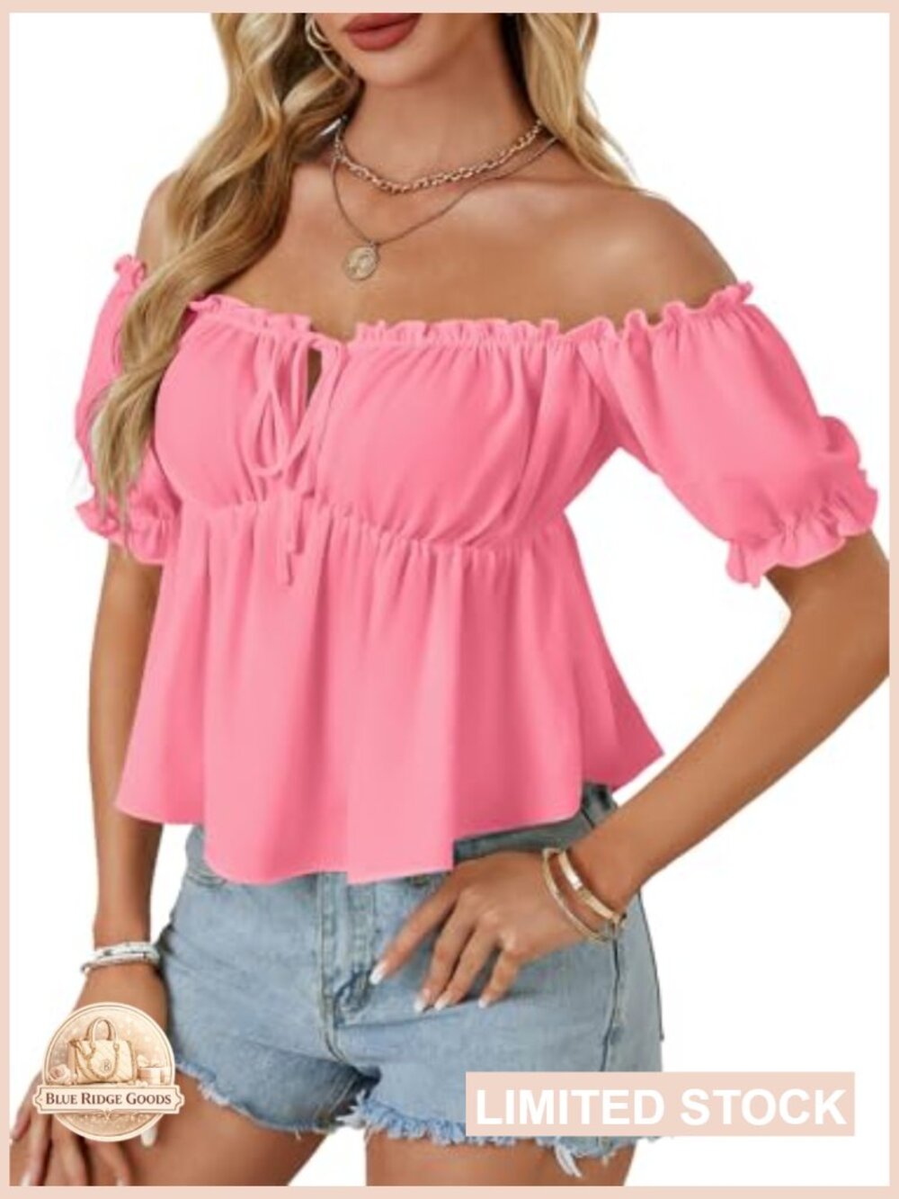 Off Shoulder Ruffle Trim Puff Sleeve Tie Front Peplum Blouse Babydoll Top - Picture 3 of 6